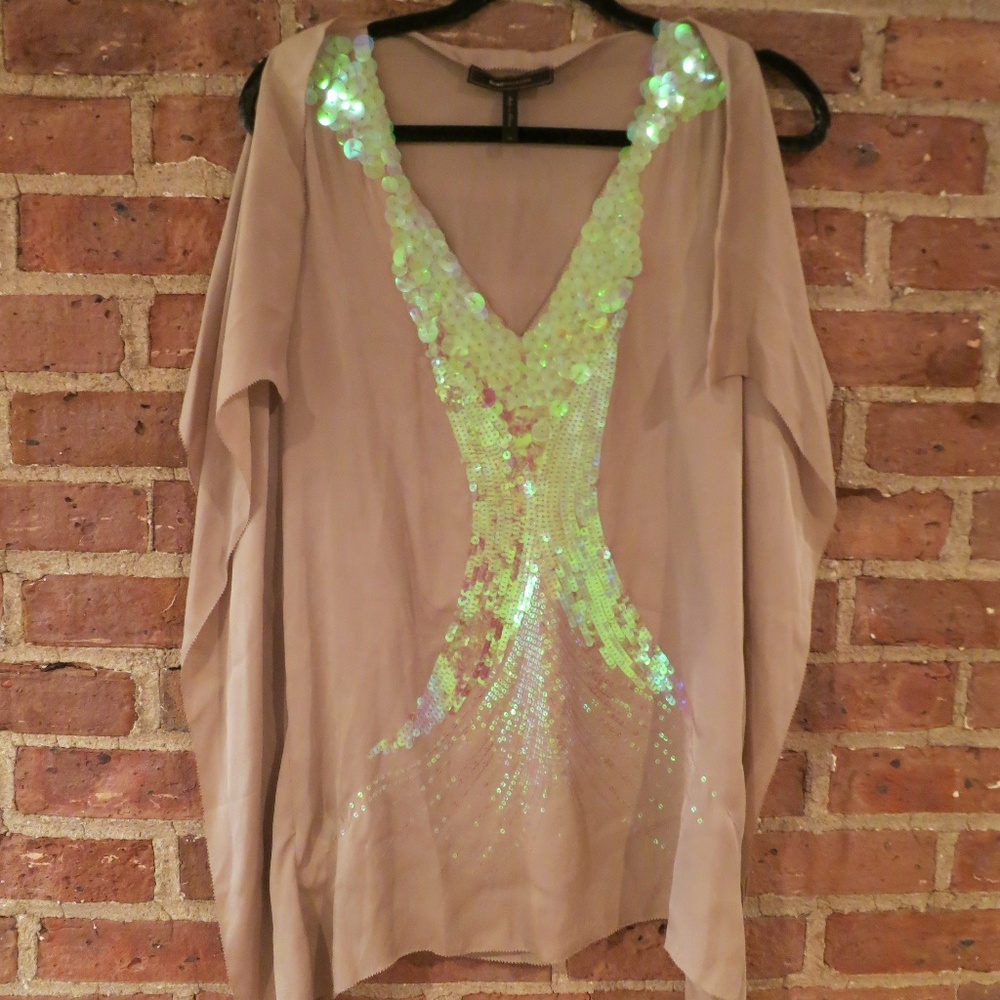 BCBG Light Brown Sequined V-Neck Blouse XS | 100% Silk